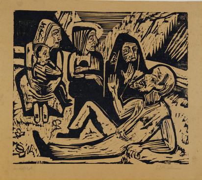3 Bäuerinnen, eine mit Kind, und alter Bauer, 1923