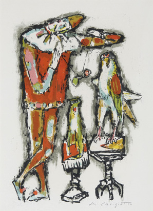 Stehender Harlekin mit Falke und Affe, 1957