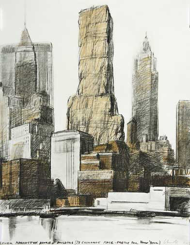 Christo, Lower Manhattan Packed Building, 20 Exchange Place, Project for New York, 1973