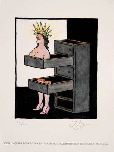 Tomi Ungerer, 9 sheets: Illiade; Pour le tricentenaire du Lycée Bartholdi de Colmar, 1998 (2); Untitled, 1995; Sheet from the editition: Das Schweizerische Rote Kreuz "Herzen öffnen", 1994 (3); Tennisspielerin; Untitled