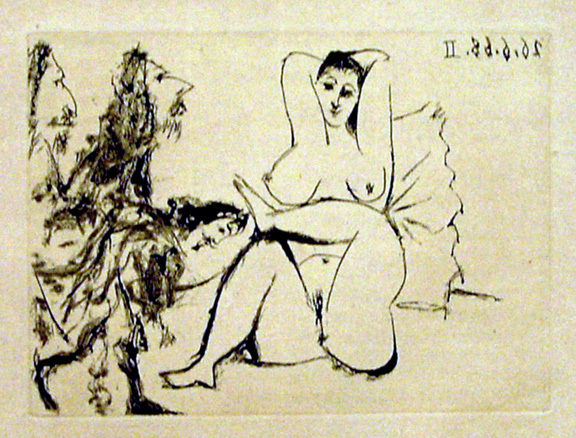 Pablo Picasso, Trois "Mousquetaires" saluant une femme au lit, 1968, from "La Célestine", 1971