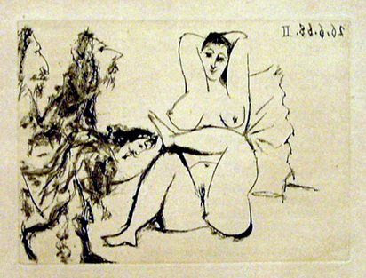 Trois "Mousquetaires" saluant une femme au lit, 1968, from "La Célestine", 1971