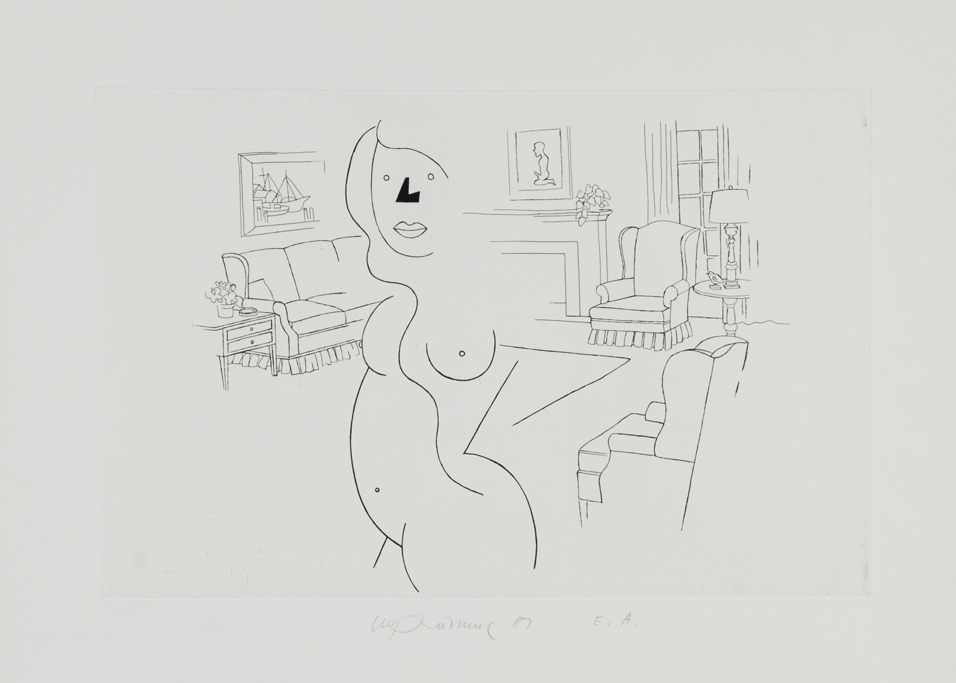 Urs Lüthi, 3 Blätter: Interieur, 1981; Zwei Personen an der Bar, 1981; Sans titre, 1981