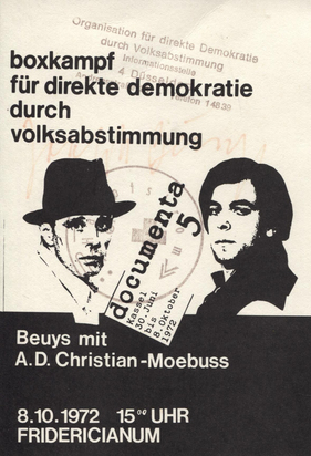 2 Postkarten: documenta 4, 1968; Beuys boxt für direkte Demokratie