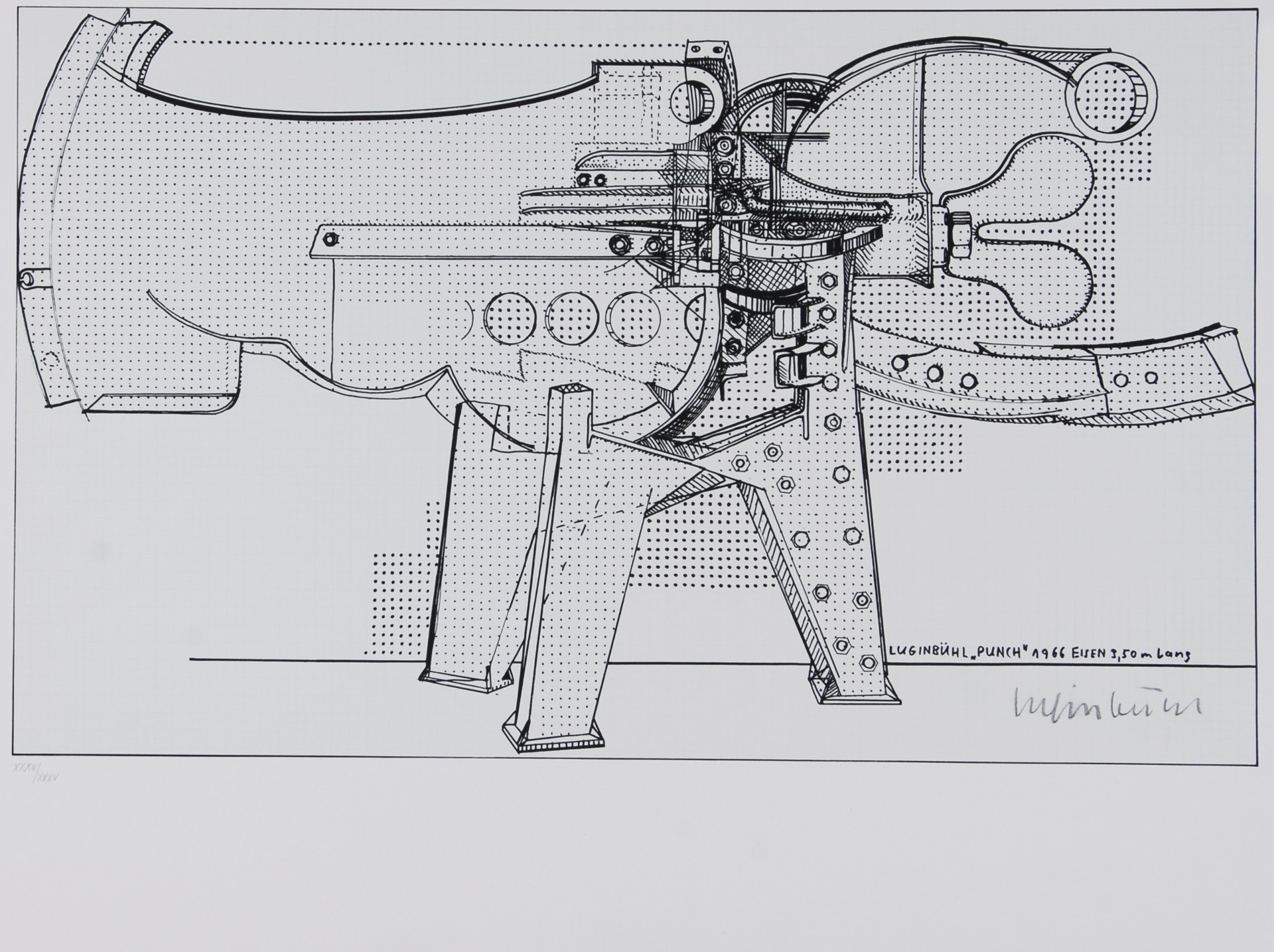 Bernhard Luginbühl, Luginbühl "Punch" 1966, Eisen, 3.50 m lang, aus "Graphikmappe des Schweizerischen Kunstvereins"
