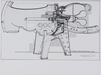 Luginbühl "Punch" 1966, Eisen, 3.50 m lang, aus "Graphikmappe des Schweizerischen Kunstvereins"