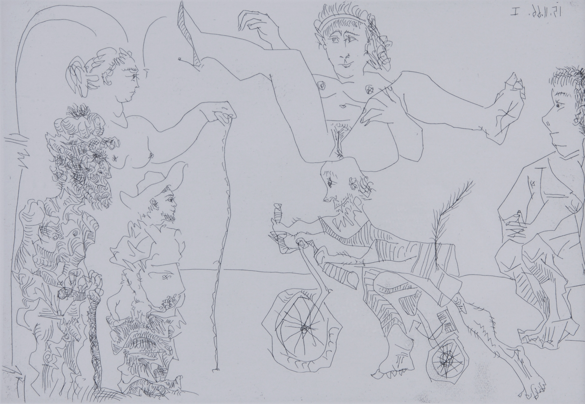 Pablo Picasso, Femme équilibriste enlevée par un vieillard barbu à bicyclette devant le cocu et des spectateurs, 1966, from "Le cocu magnifique"