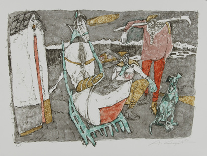 Zwei Bauern mit Pferdeschlitten und Hund