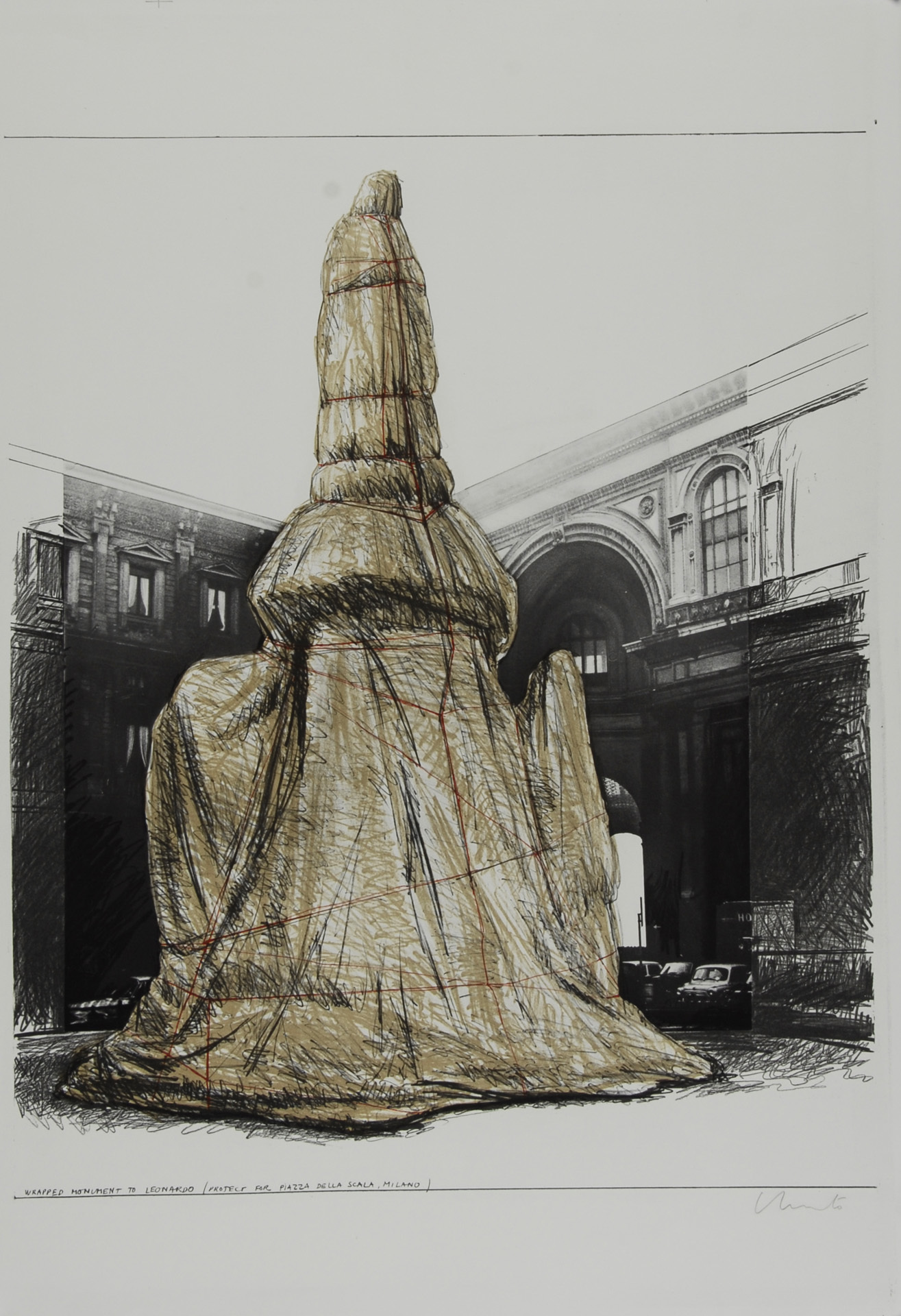 Christo, 2 sheets: Wrapped Monument to Leonardo, Project for Piazza della Scala, Milan