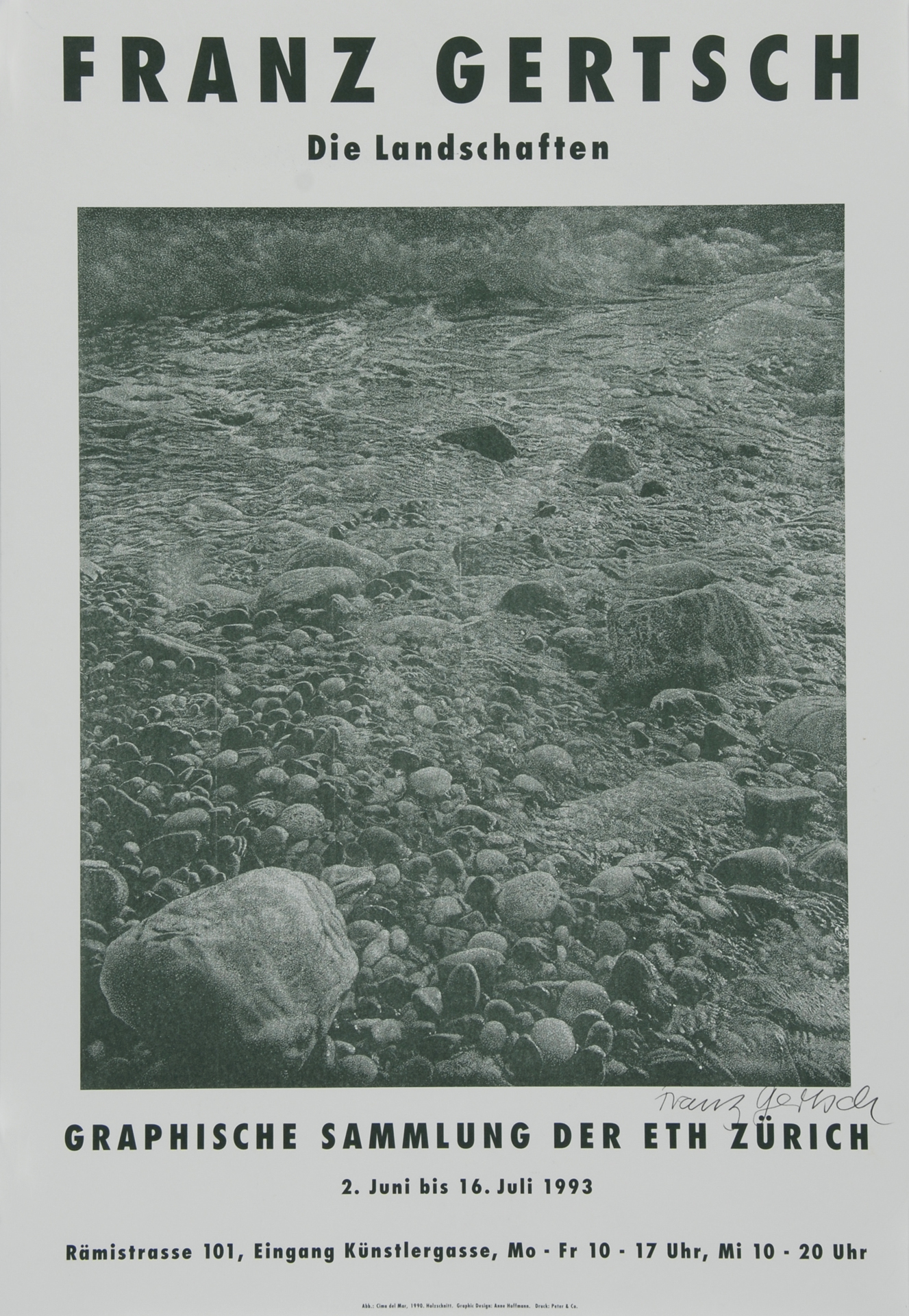 Franz Gertsch, 4 Plakate: Cabinet des estampes Musée Rath, Genève, 1989 (2); Graphische Sammlung ETH Zürich, 1993; Kunsthalle Baden Baden, 1995
