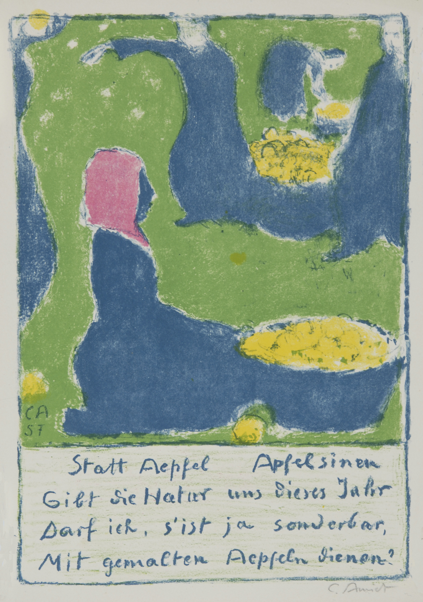 Cuno Amiet, 2 Blätter: Obsternte, 1957; Selbstbildnis stehend mit Zeichenblock