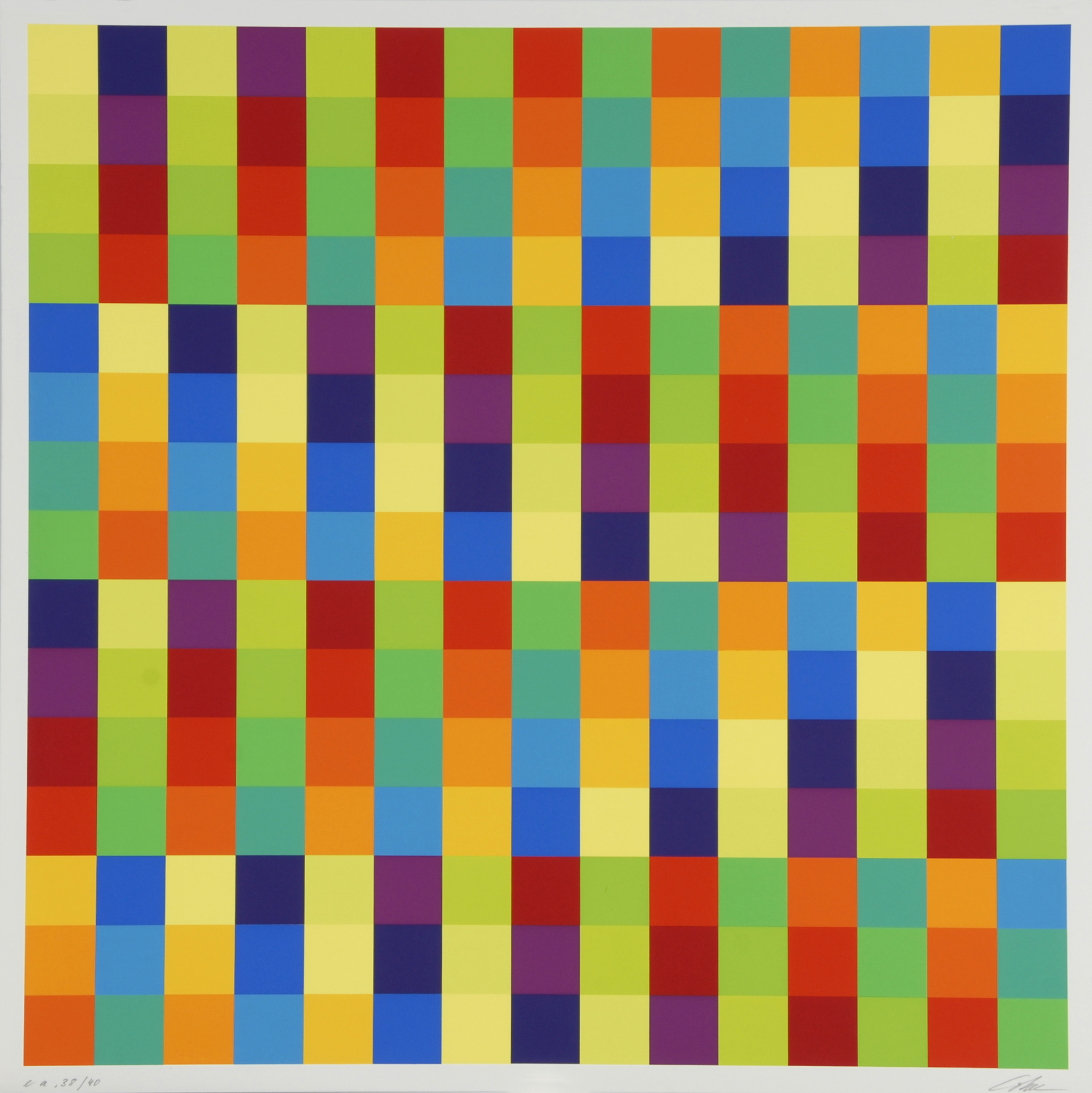 Richard Paul Lohse, 2 sheets: Kreuz aus Gleichung und Kontrast, 1975; Fünfzehn ineinandergehende systematische Farbreihen mit violetten Diagonalen