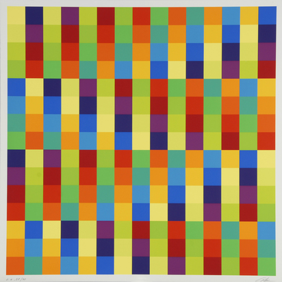 2 Blätter: Kreuz aus Gleichung und Kontrast, 1975; Fünfzehn ineinandergehende systematische Farbreihen mit violetten Diagonalen