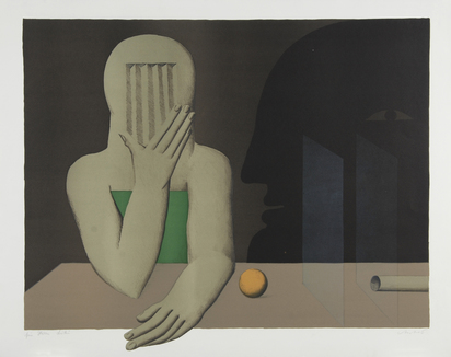 2 sheets: Figur mit 2 Glasscheiben am Tisch, 1971; Blauer Kopf (ganze Figur)