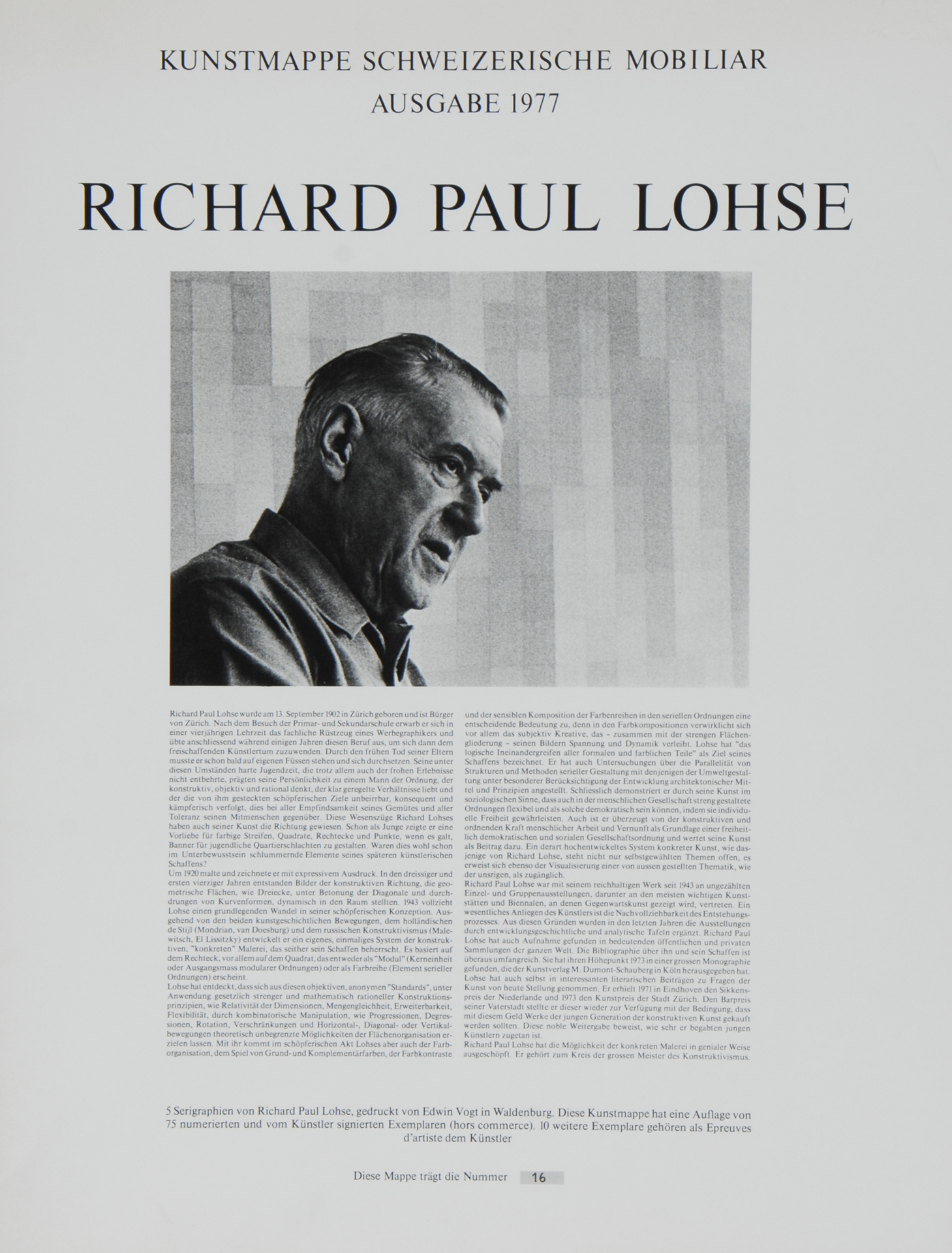 Richard Paul Lohse, Folder. Kunstmappe Schweizerische Mobiliar