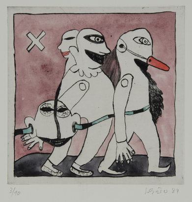 4 Blätter: Spaziergang, 1984; Trompeter, 1986; Allerlei Spielzeug, 1987; Hase, 1988