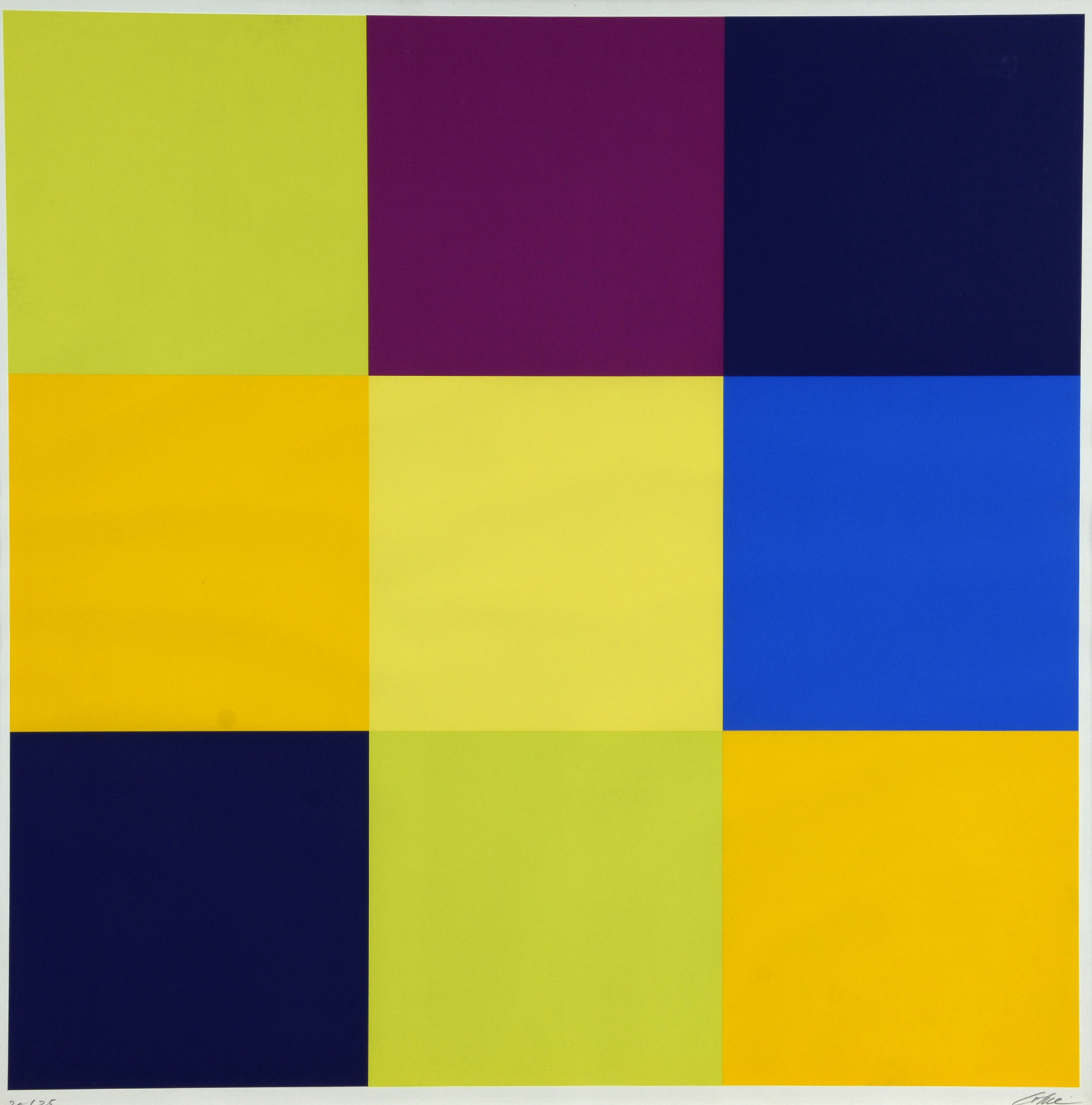 Richard Paul Lohse, 3 Blätter: Kreuz aus Gleichung und Kontrast, 1975; Konstellation mit Eckpositionen, 1975; Horizontal- und Vertikalpositionen aus Extrem- und Nachbarfarben