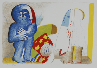 3 Blätter: Paar mit toter Figur, 1965; Grosses Stilleben mit Kopf, 1965; Hockende Figur im Kasten, 1967