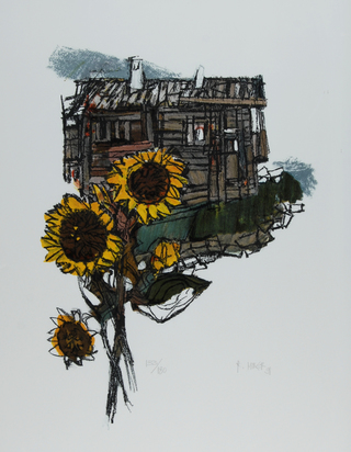 Sonnenblumen vor Hütte