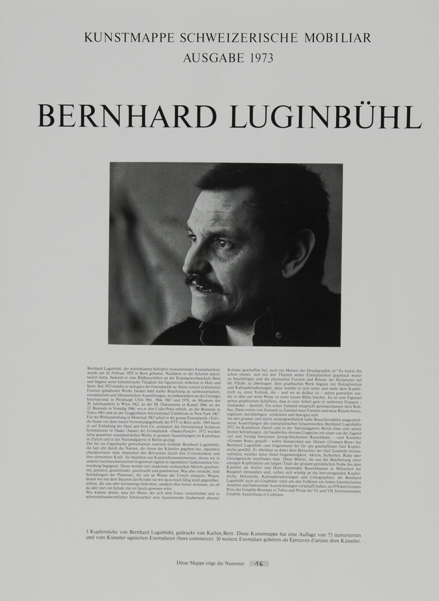 Bernhard Luginbühl, Mappe. Kunstmappe Schweizerische Mobiliar