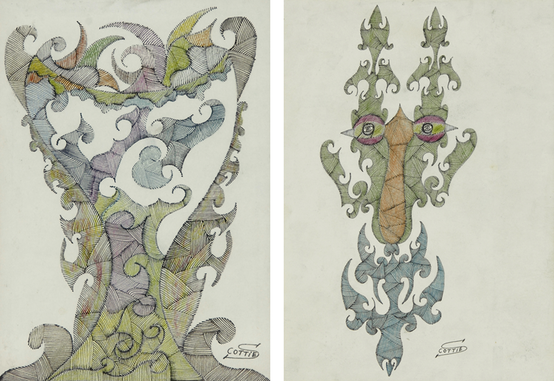 Scottie Wilson, 2 sheets: Untitled; Jewelled Eyes