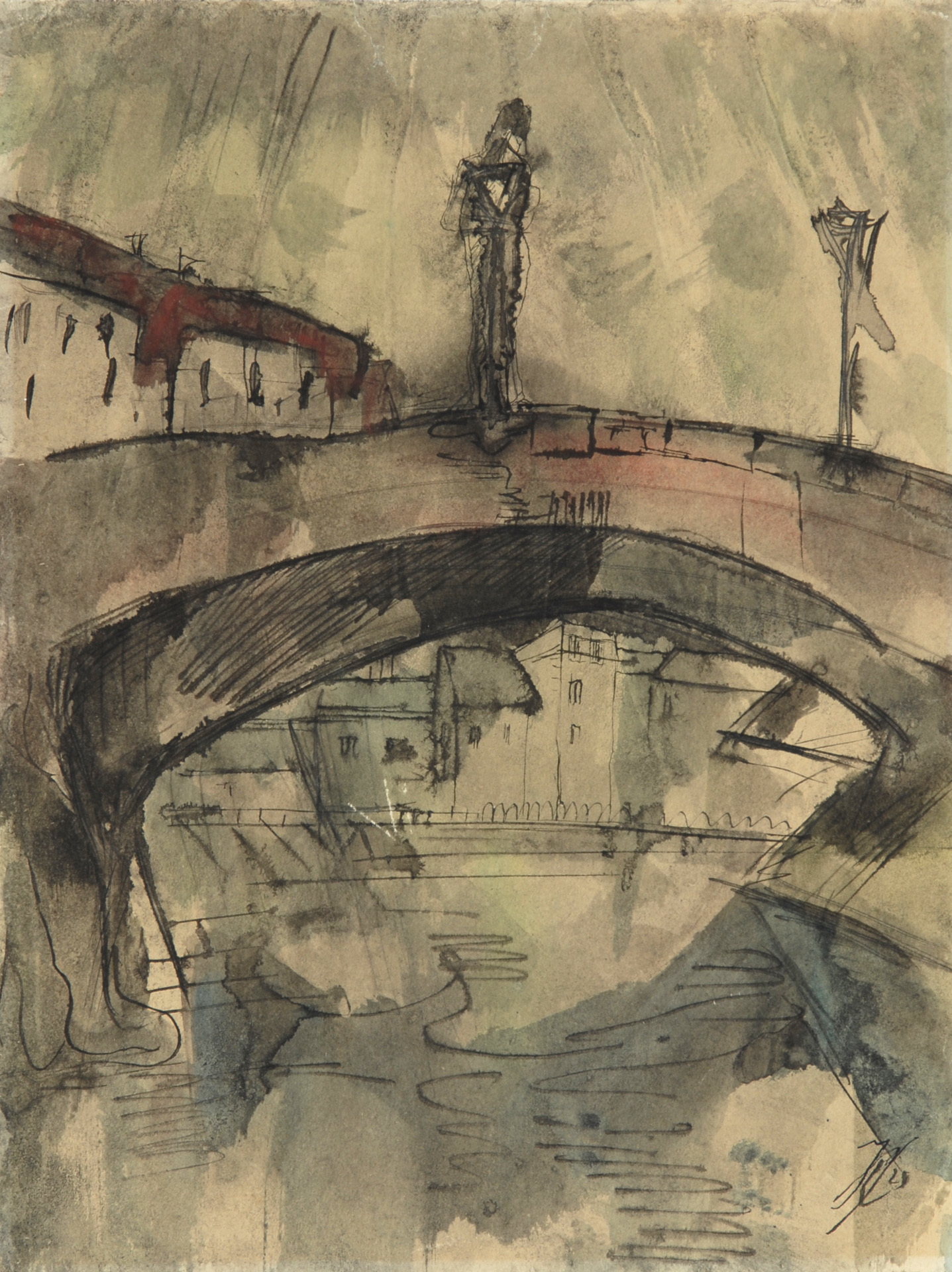 Johann Robert Schürch, 2 Zeichnungen: Bäuerin; Spielmann auf Brücke