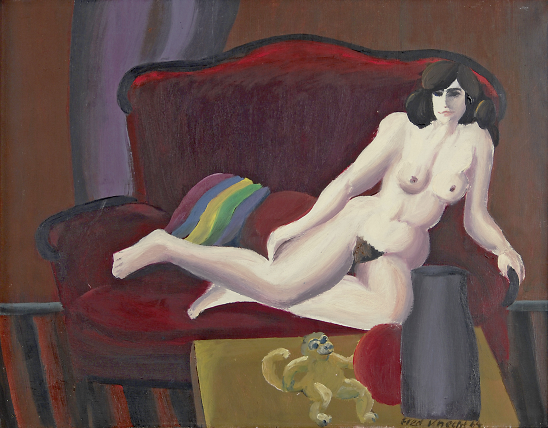 Fred Engelbert Knecht, Frauenakt auf rotem Sofa