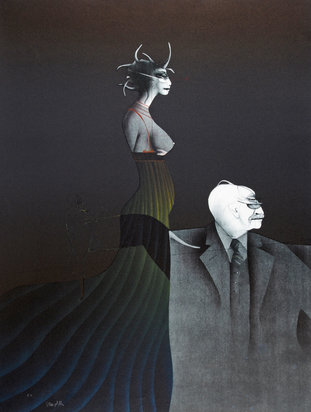 5 Blätter: Epithaf auf den Hund Anton, 1979; Sphinx vor Landschaft, 1979; Skizzenblatt mit rotem Kopf, 1979; Familienbild, 1980; Der Poet, 1981.