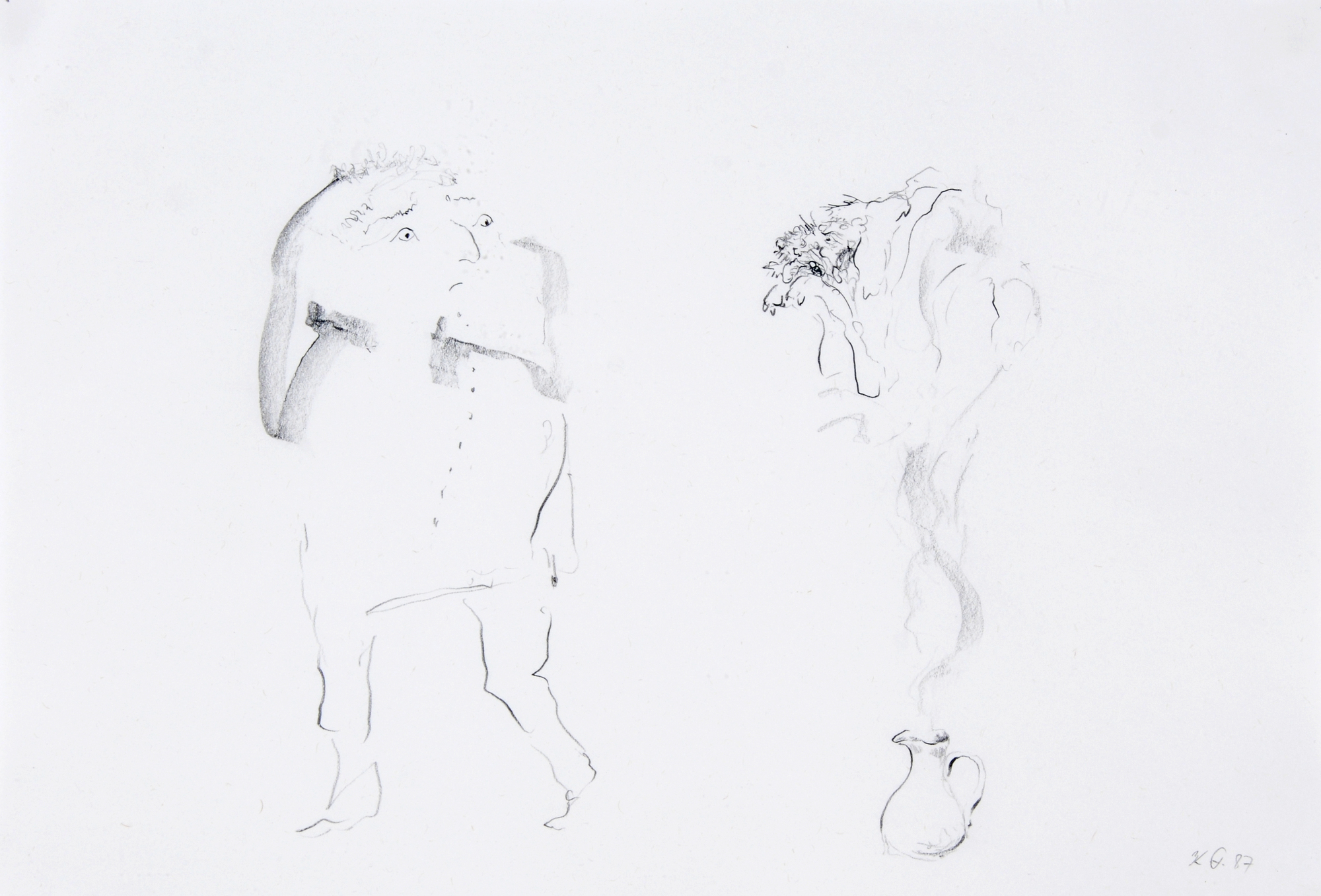 20. Jh. Anonym, 2 Zeichnungen: Die Nase frisst, 1969; Ohne Titel