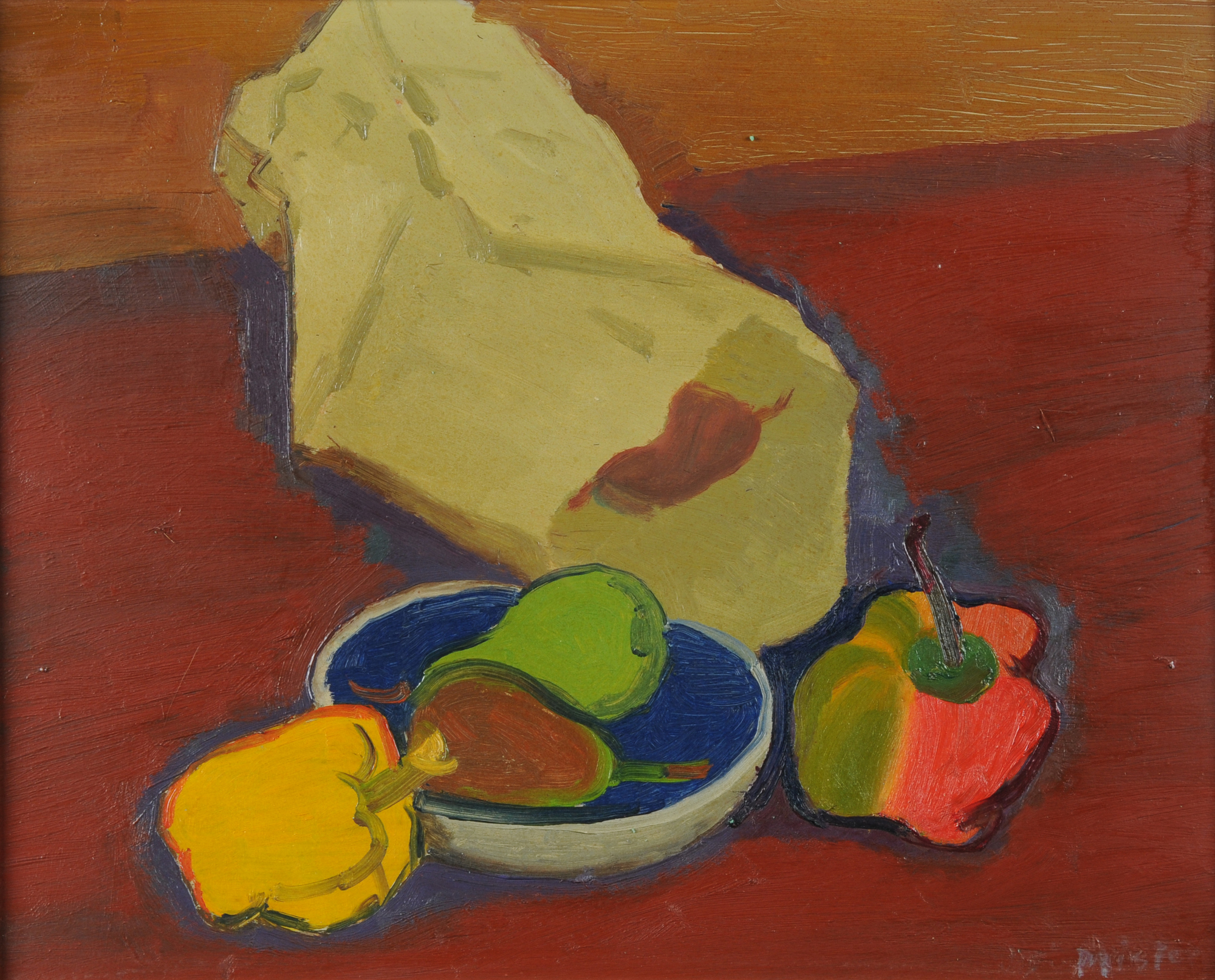 Albert Pfister, Still Life with Bellpeppers and Pears in Fruit Bowl