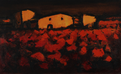 Häuser und Landschaft in Abendstimmung