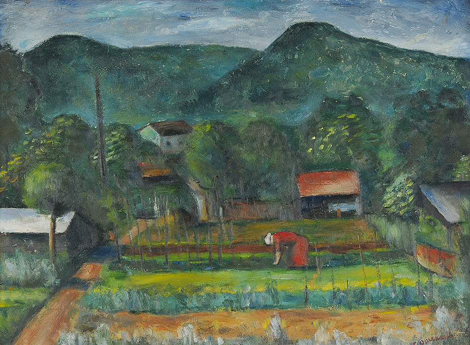 Mario Comensoli, Frau im Garten vor Tessiner Landschaft