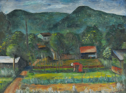 Frau im Garten vor Tessiner Landschaft
