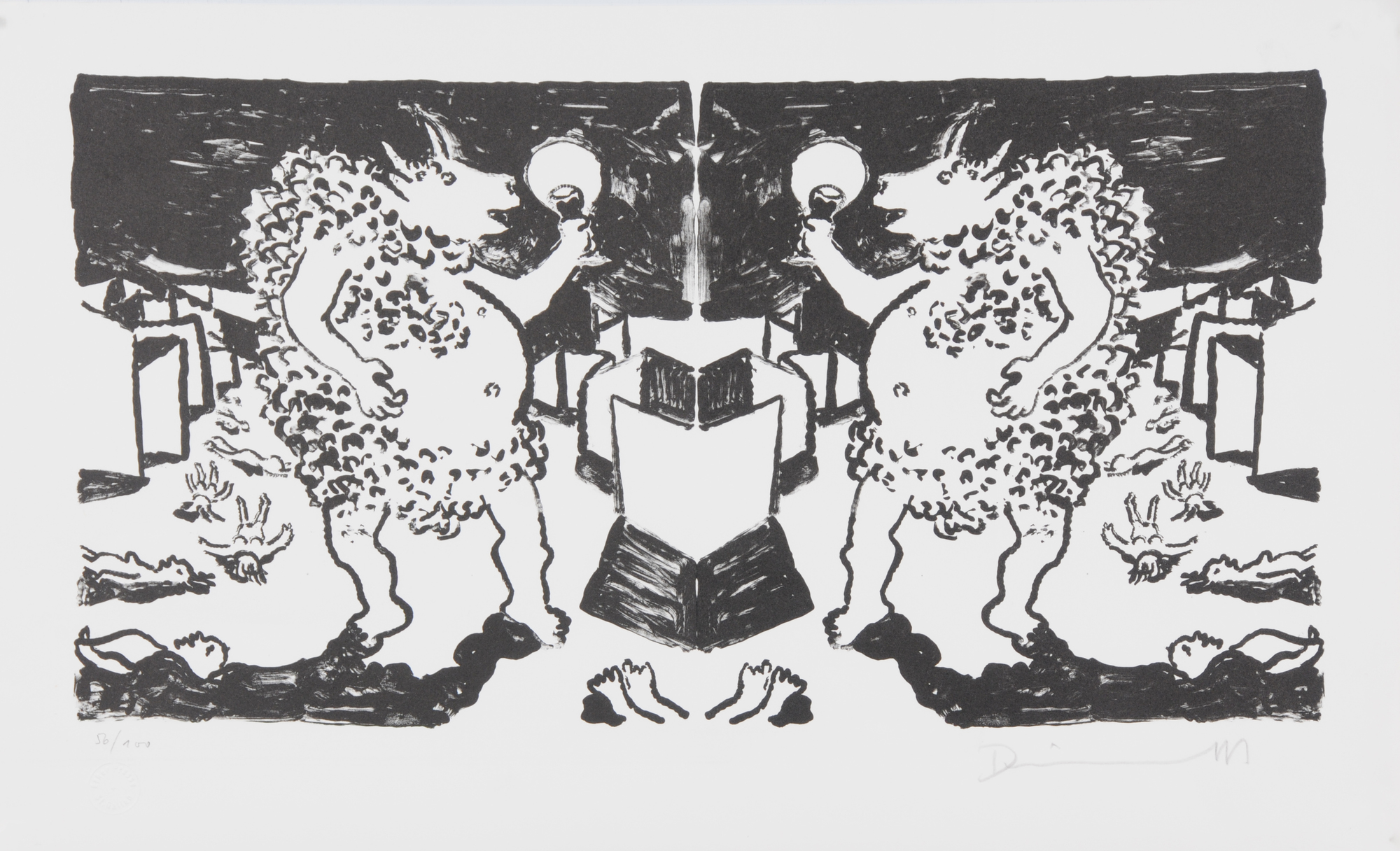 Friedrich Dürrenmatt, 2 Blätter: Minotaurus seinem Spiegelbild zuprostend; Steingott