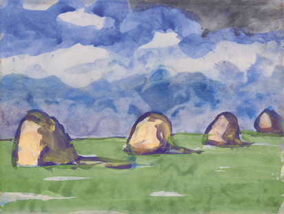 Marschlandschaft und Heudiemen unter blauem Himmel