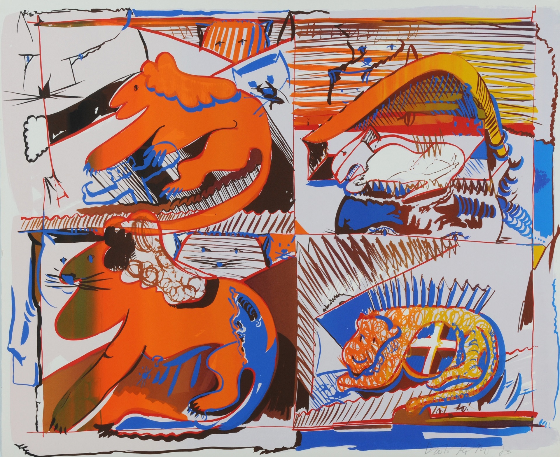 Dieter Roth, 2 Blätter: 4 Löwen (grün), 1973; 4 Löwen (orange), 1973
