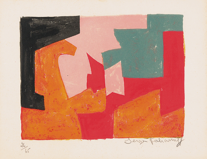 Composition orange, noire, rose, verte et rouge