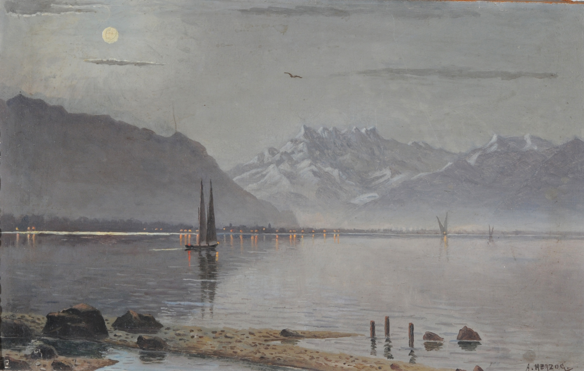 Arthur Charles Henri Herzog, Full Moon over the lake Geneva with Dents du Midi