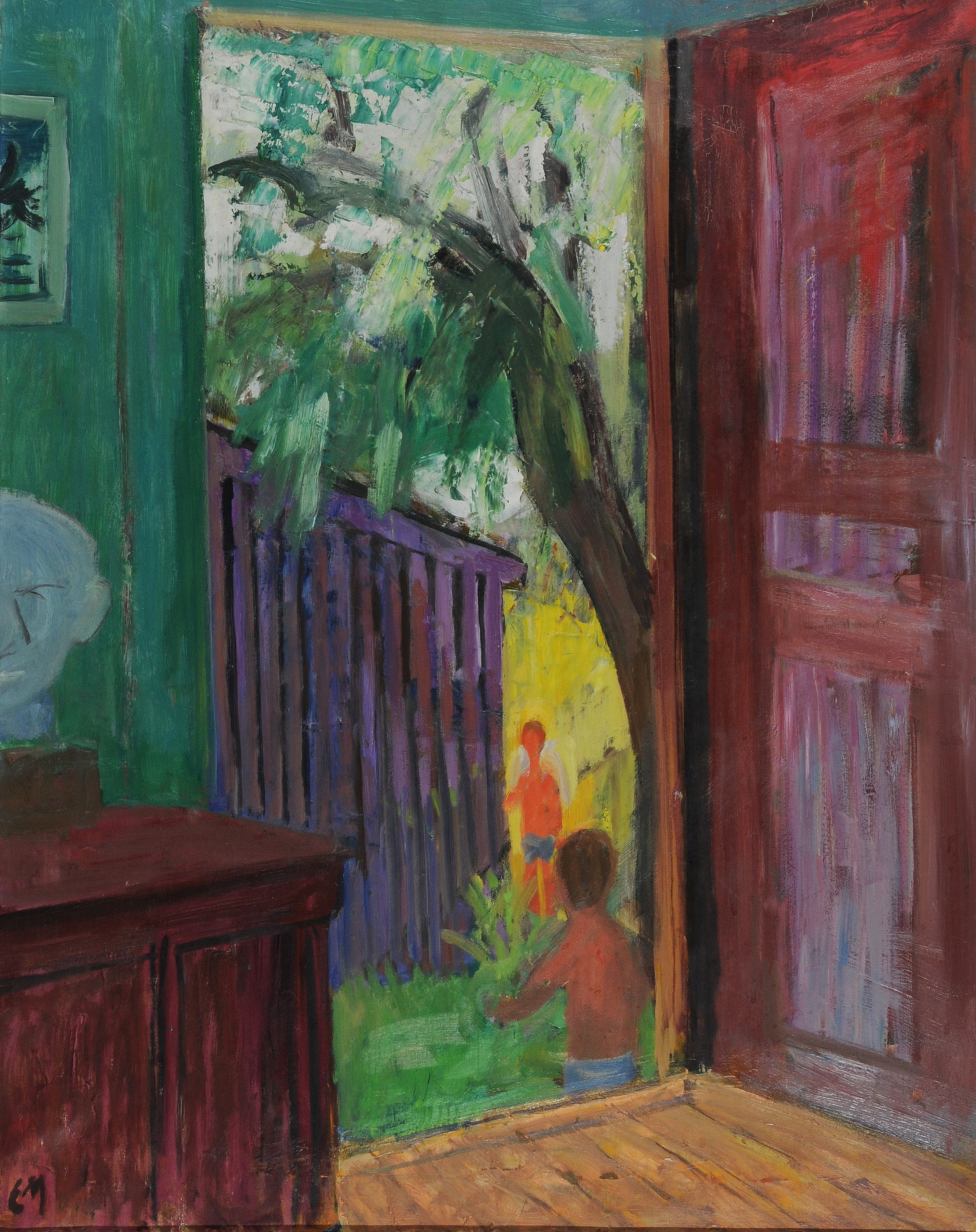 Ernst Morgenthaler, Blick vom Innern eines Hauses auf einen Garten mit spielenden Kindern