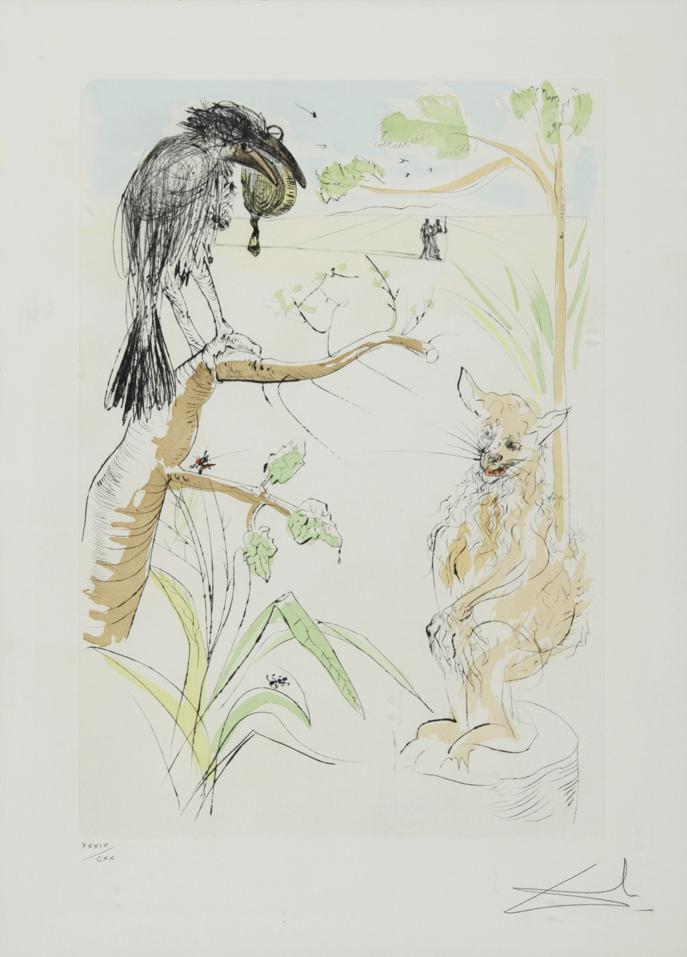 Salvador Dalí, Le renard et le corbeau, aus "Le bestiaire de La Fontaine dalinisé"