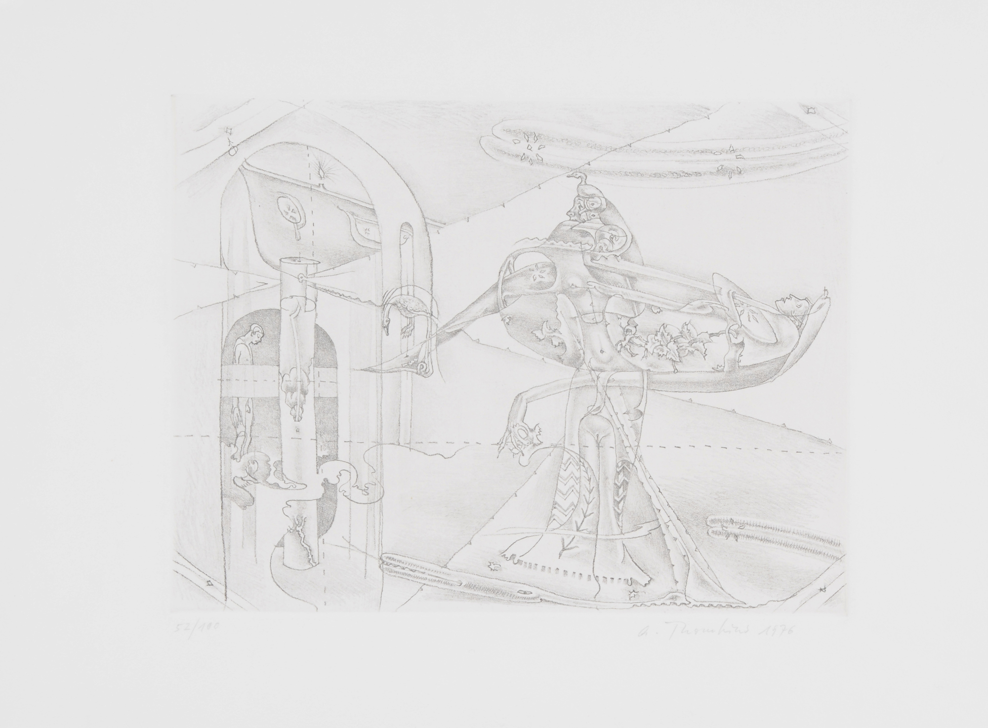 André Thomkins, 2 Blätter: Ombilical, 1973; Lose in der Dose