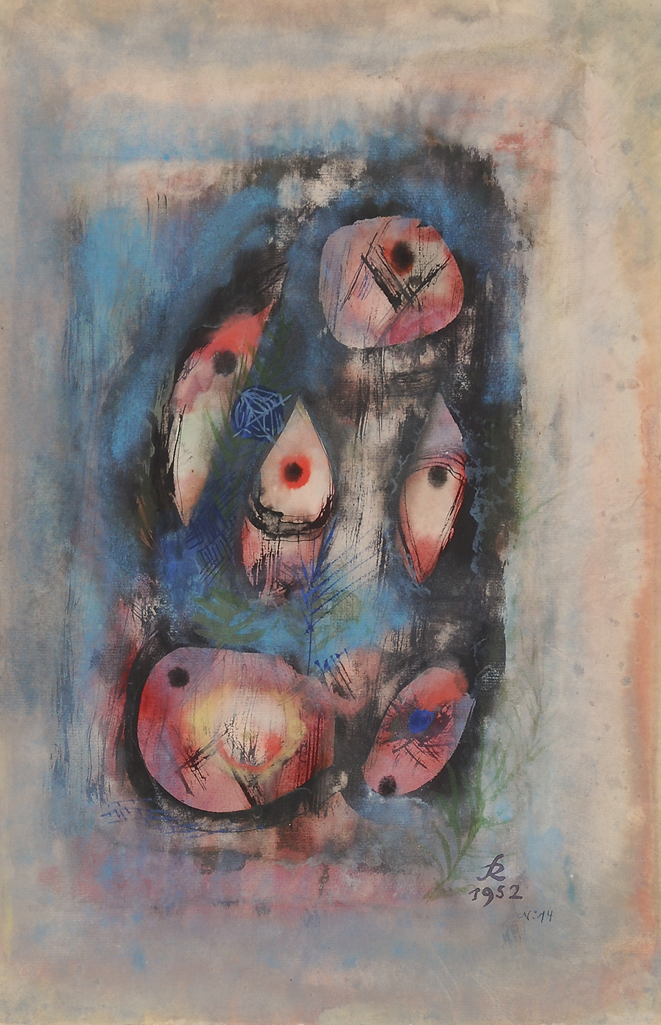 Hans Reichel, Composition, rotblaue Formen in winterlicher Umarmung
