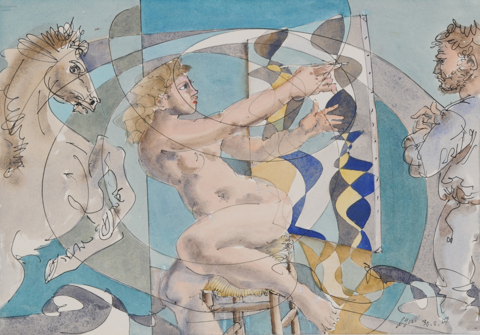 Hans Erni, Two Drawings: Daphne; Painter and Model with Rising Horse