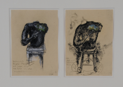 2 sheets: "Sentimentale Skulptur (Torso) mit Sockel, Pinsel und Farbe sich selbst bemalend", 1986; "Dito, jedoch mit rotierendem Sockel"