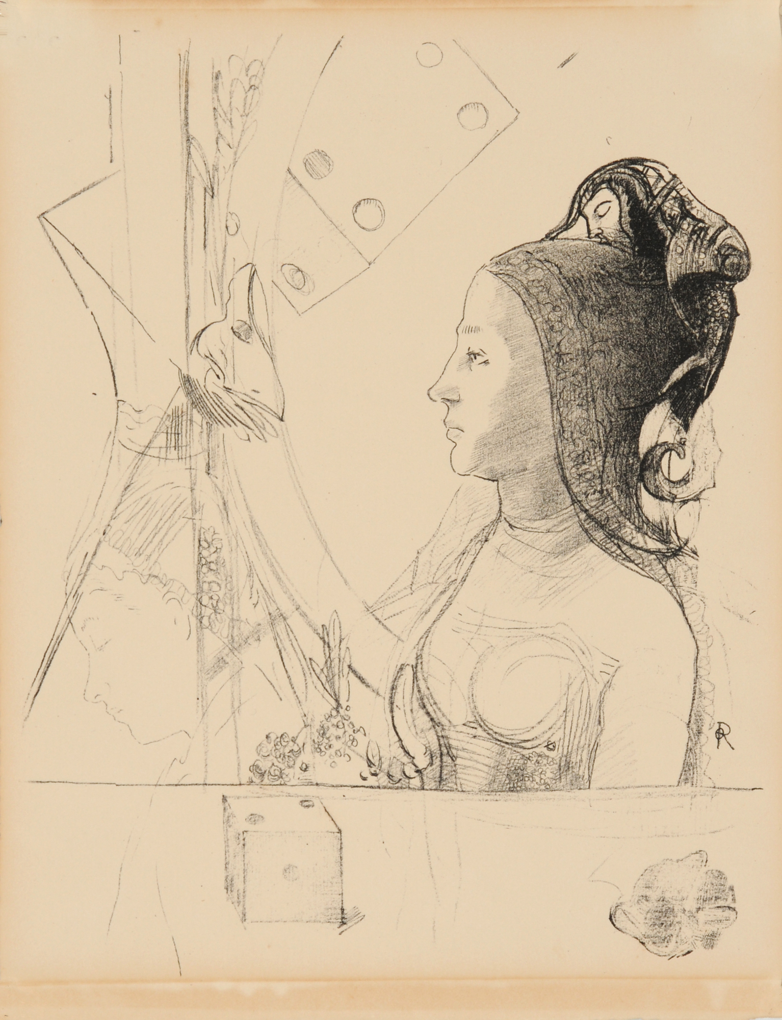 Odilon Redon, Femme de profil, coiffée d'un hénin surmonté d'une folie