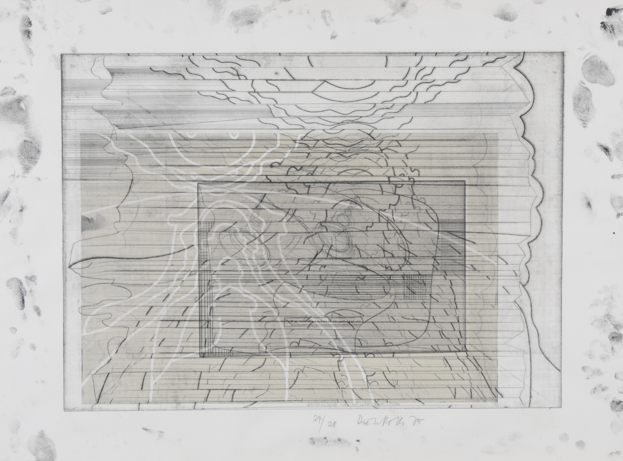 Dieter Roth, 2 sheets: Dichterklub mit aufgehender Muse, 1974; 4 x Selbstbildnis als Horizonttier, 1973