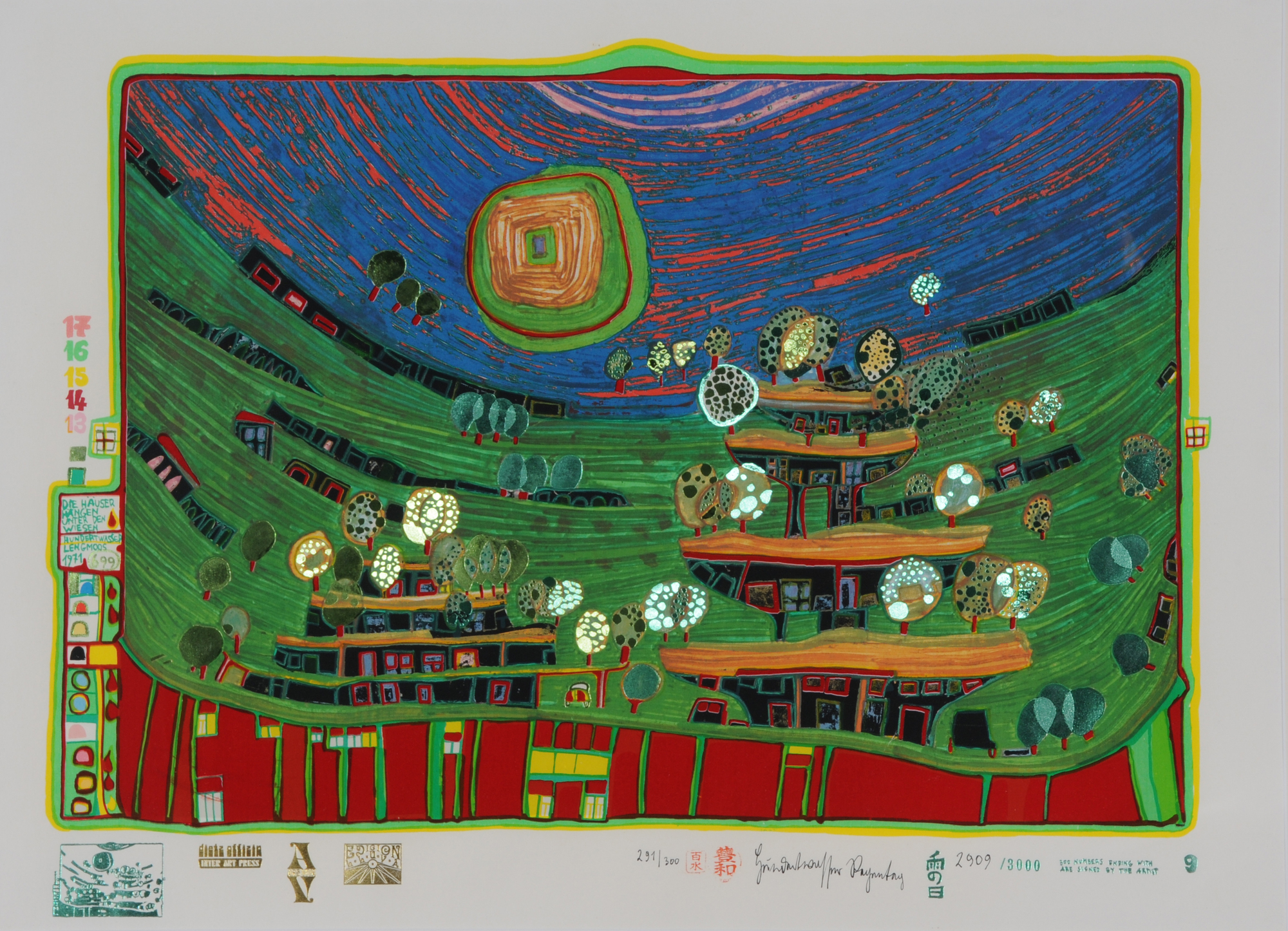 Friedensreich Hundertwasser, Die Häuser hängen unter den Wiesen, from "Look at It on a Rainy Day"