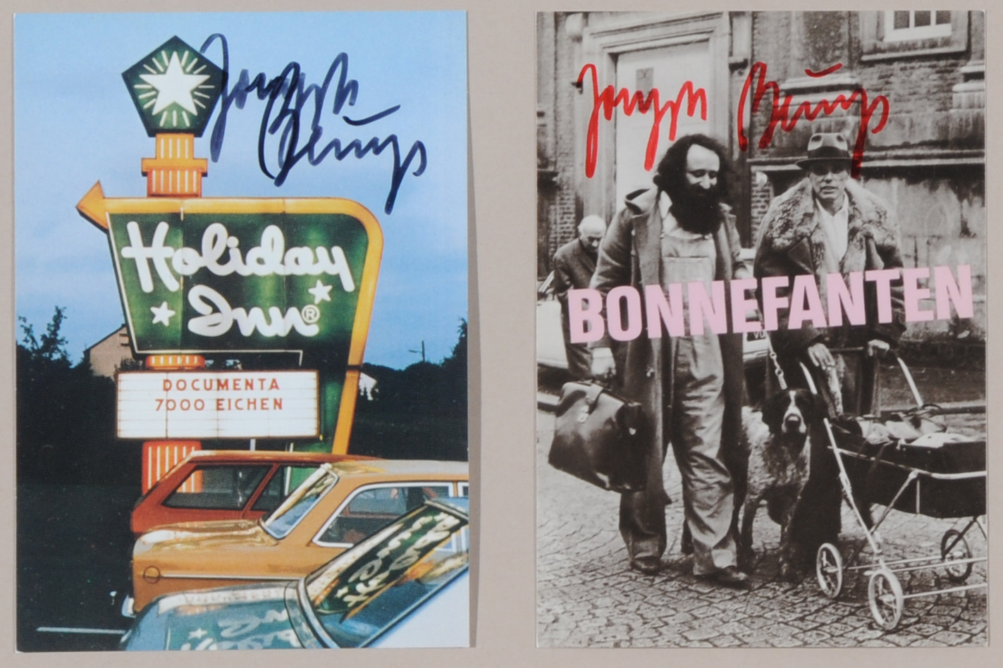 Joseph Beuys, 2 postcards: Bonnefanten, 1975; Holiday Inn - 7000 Eichen, 1982