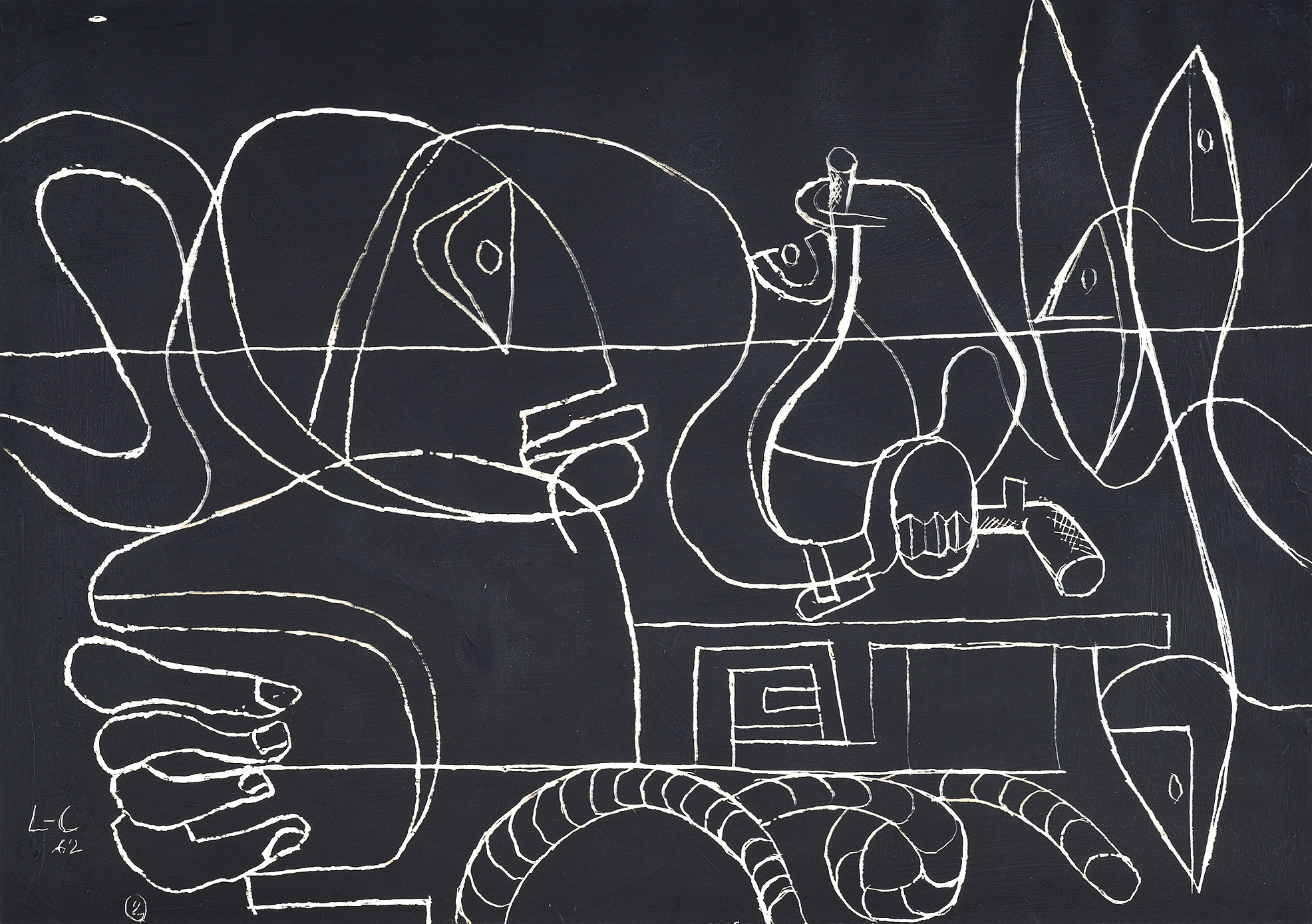 Le Corbusier, Figure, carafes, verre, pipe, poissons et cordage