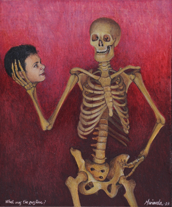 2 paintings: What Was the Question, 2007; Saturno junior devorando a sus padres, 2008.